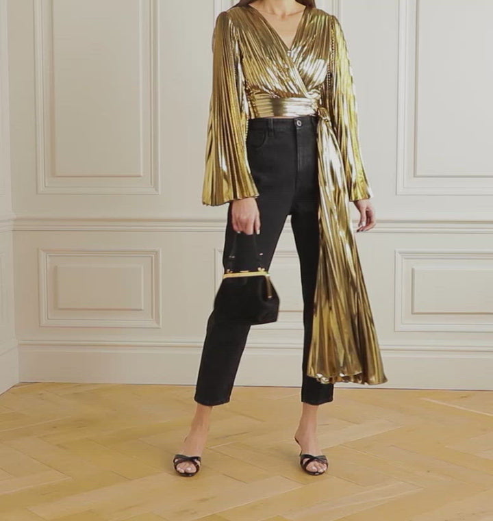 Gold Plissé Wrap Effect Top