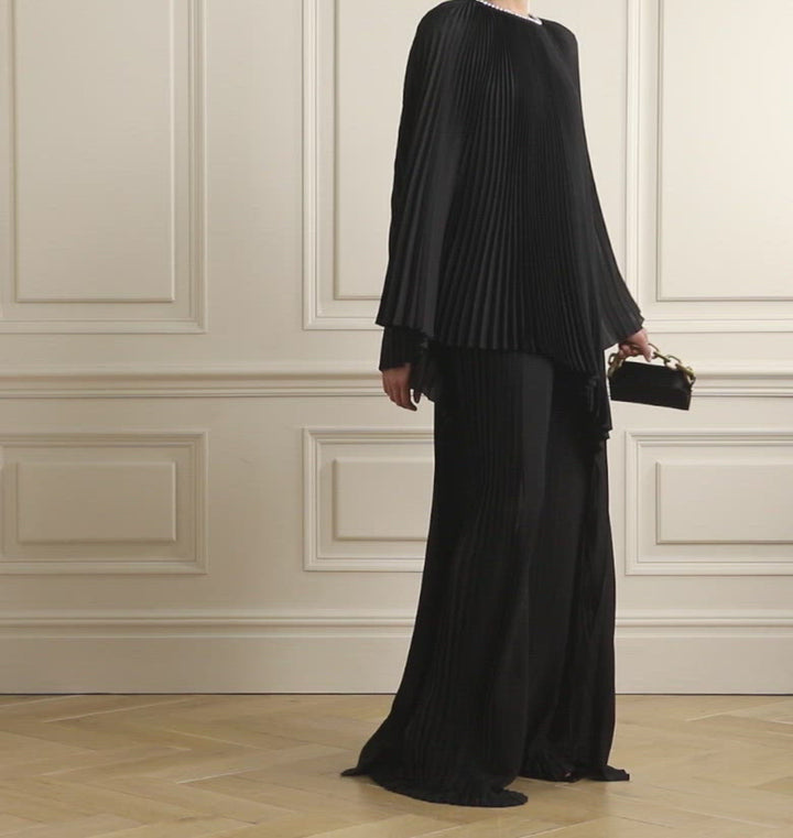 Crystal-embellished draped plissé satin tunic