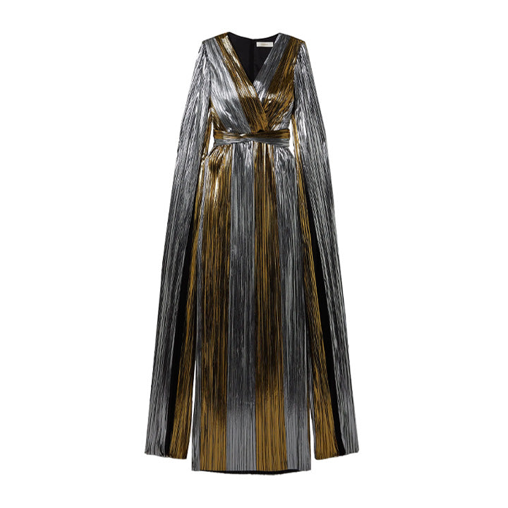 Cape-Effect Plissé-Lamé Gown