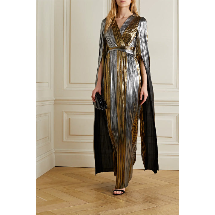 Cape-Effect Plissé-Lamé Gown