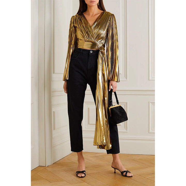 Gold Plissé Wrap Effect Top